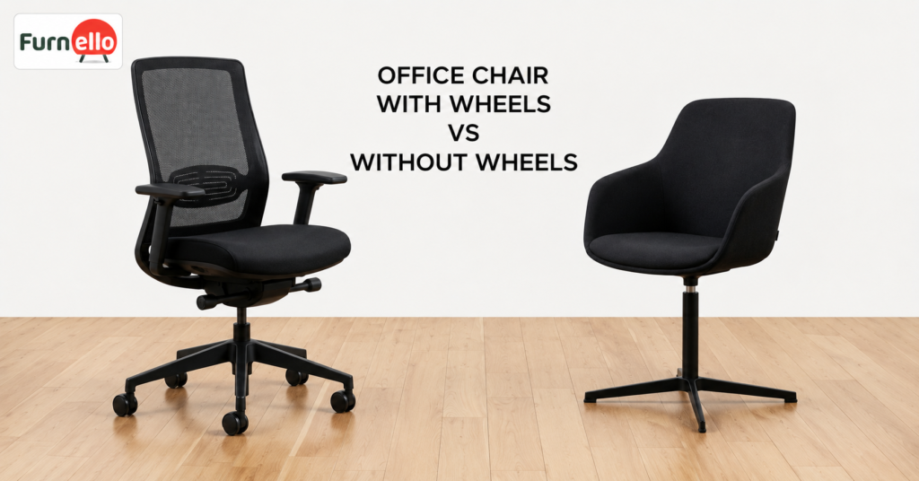 Office chair with wheels vs without wheels comparison showing ergonomic rolling and stationary desk chairs